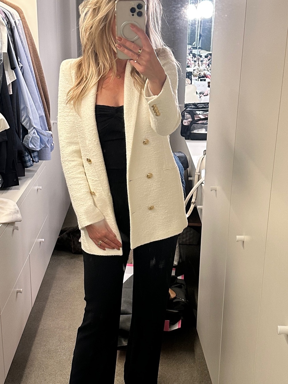 Zara Cream Textured Double-Breasted Blazer with Gold Buttons